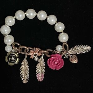 Betsey Johnson Flights of Fancy Pearl Feather Rhinestone Rose Bow Charm Bracelet